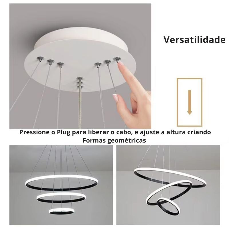 Lustre Pendente de Luxo Minimalista Allure LEDZ - 3 ou 4 Anéis Grandes - 20cm/40cm/60cm/80cm