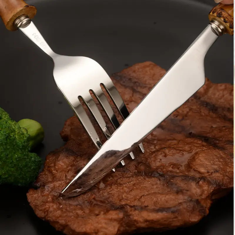 Jogo de Talheres Bambu Natural em Inox 24 peças