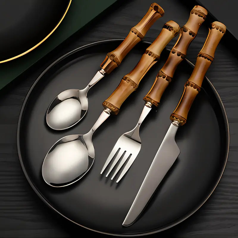 Jogo de Talheres Bambu Natural em Inox 24 peças