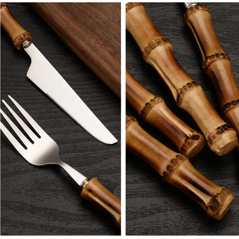 Jogo de Talheres Bambu Natural em Inox 24 peças