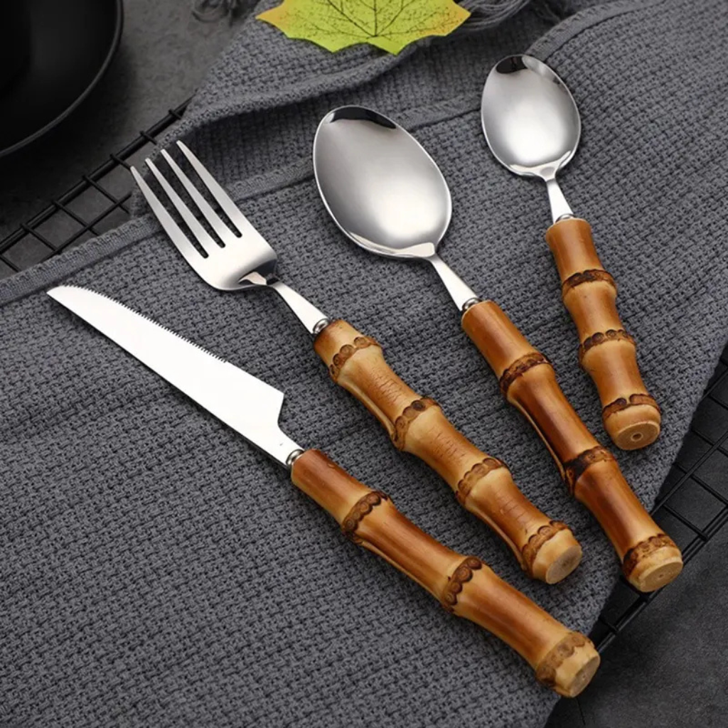 Jogo de Talheres Bambu Natural em Inox 24 peças
