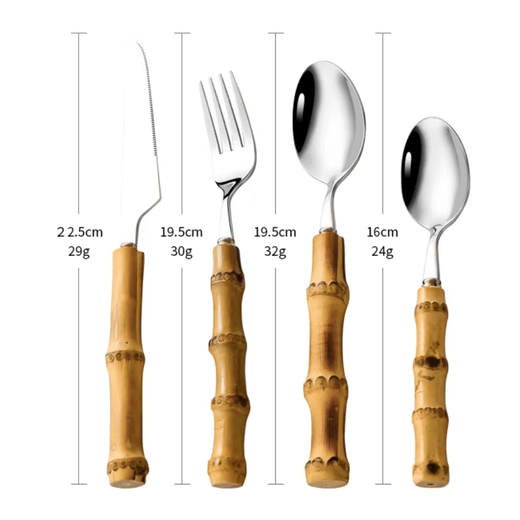 Jogo de Talheres Bambu Natural em Inox 24 peças